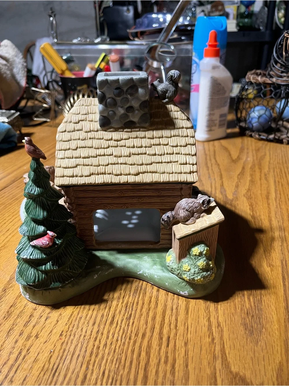 PartyLite Hand-Painted Ceramic Log Cabin Accent in Brown, Green, Yellow